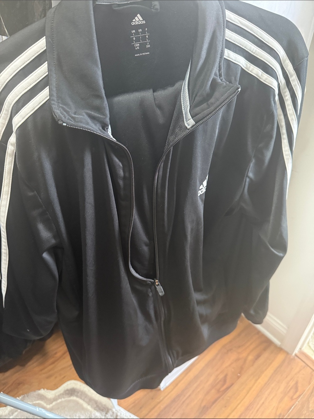 adidas Black Lightweight Track Jacket with White Stripes and pants suit